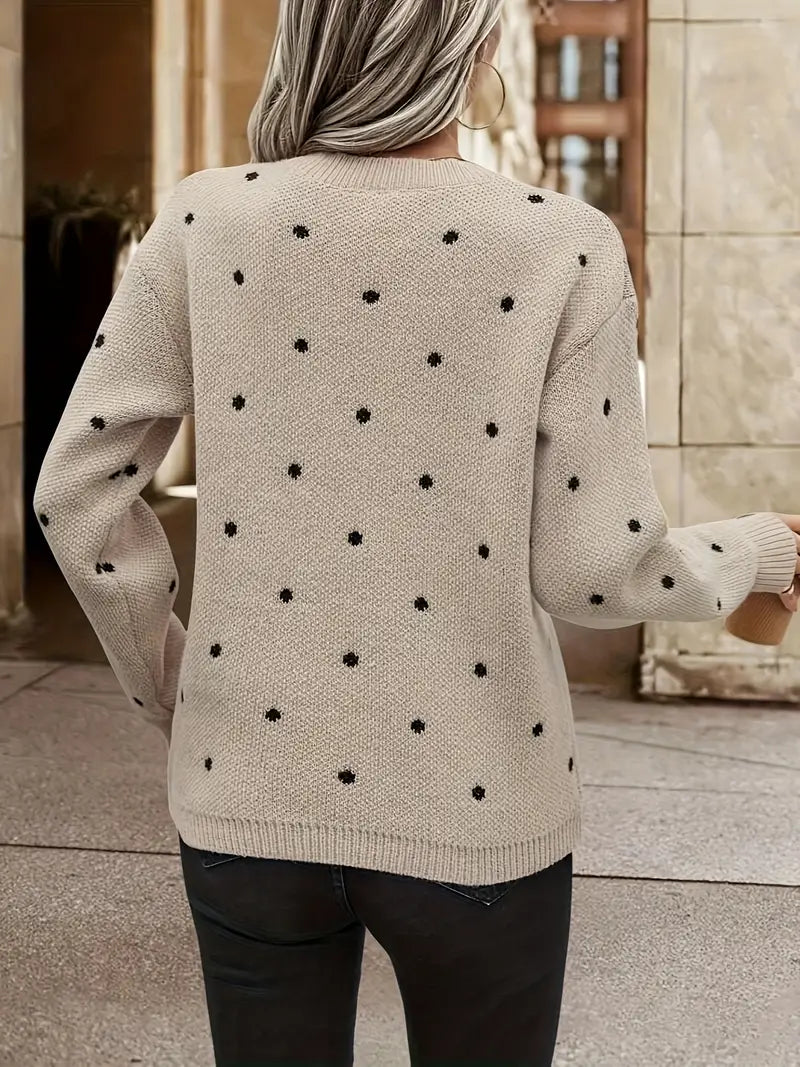 Grijze dames trui, polkadot patroon, met lange mouwen, een veelzijdige en comfortabele keuze.