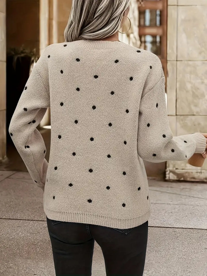 Grijze dames trui, polkadot patroon, met lange mouwen, een veelzijdige en comfortabele keuze.