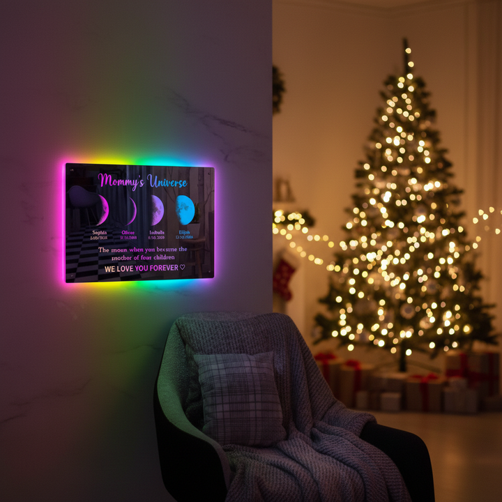 Acryl LED maanfase spiegel, gepersonaliseerd met naam/datum, ideaal moeder cadeau. Modern huisdecoratie item.