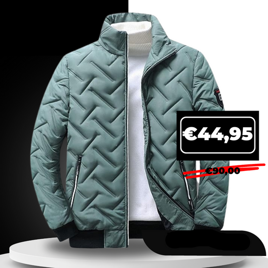 "Fabio gewatteerd herenjack, modieus en veelzijdig, ideaal voor casual looks in groen, wit/grijs en zwart."