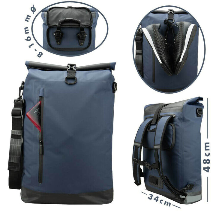 Hoogwaardige, waterdichte MultiBag™ fietsrugzak/fietstas, robuust materiaal voor duurzaamheid.
