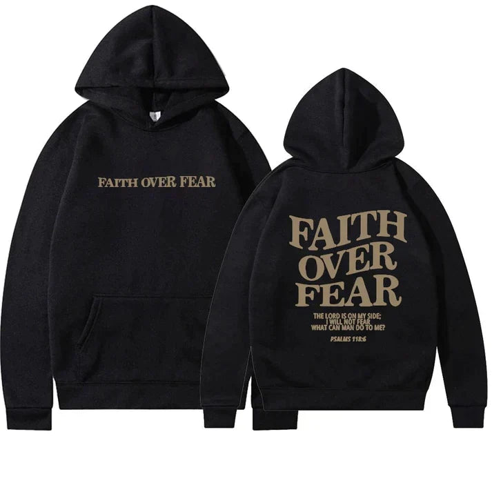 Stijlvolle uniseks hoodie met 'Geloof Over Angst' statement. Perfecte casual spirituele kleding.