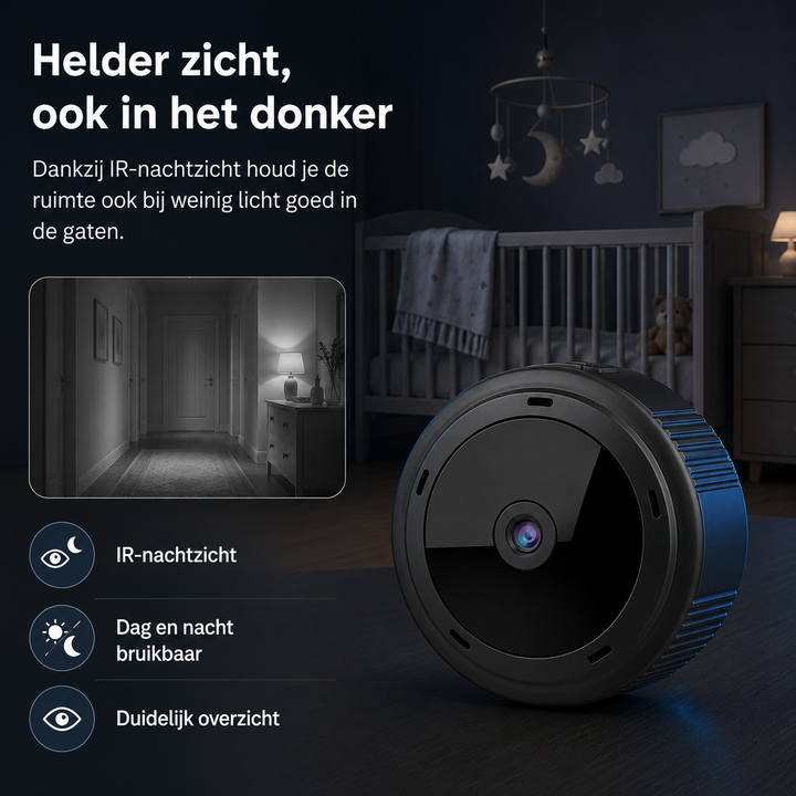HD beveiligingscamera met WiFi en IR nachtzicht, geschikt voor discrete huisbewaking en veiligheid binnenshuis.