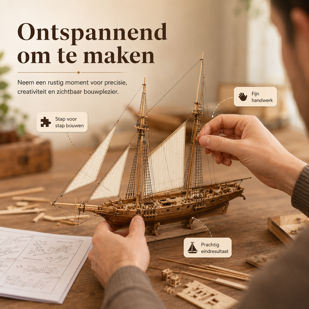 Gedetailleerd klassiek zeilschip model 3D puzzel. Realistisch houten modelbouw voor maritieme decoratie.