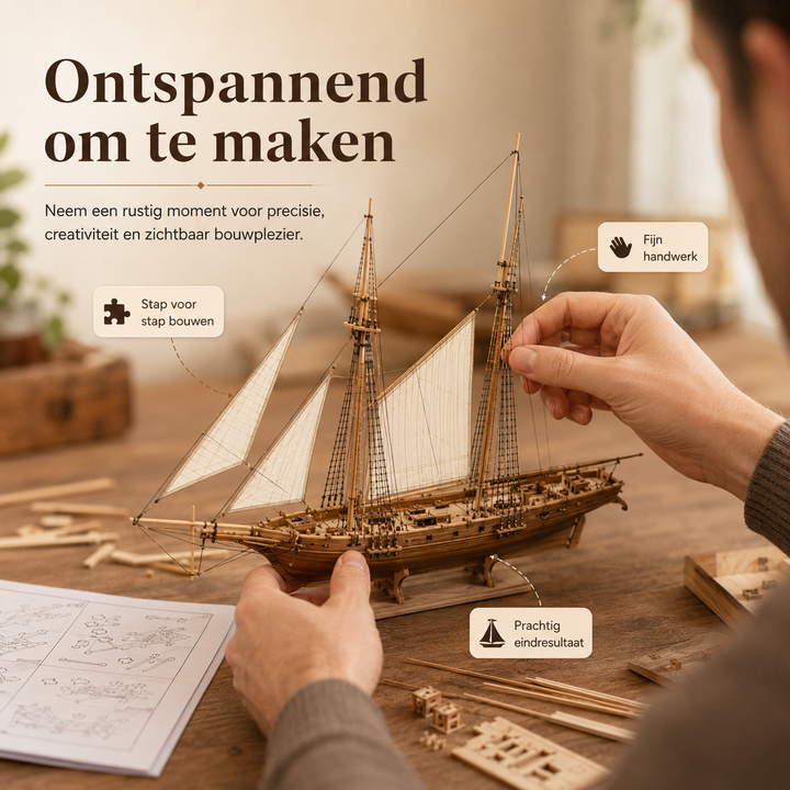 Gedetailleerd klassiek zeilschip model 3D puzzel. Realistisch houten modelbouw voor maritieme decoratie.