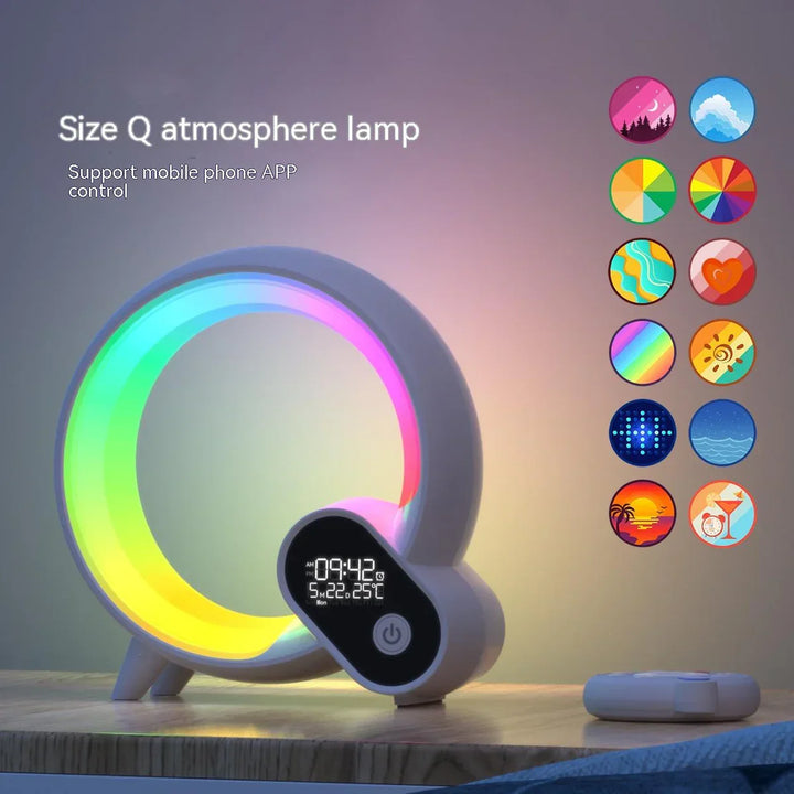 Slaapkamer setting met Liora slimme nachtlamp, geeft zacht licht en rustgevende witte ruis.