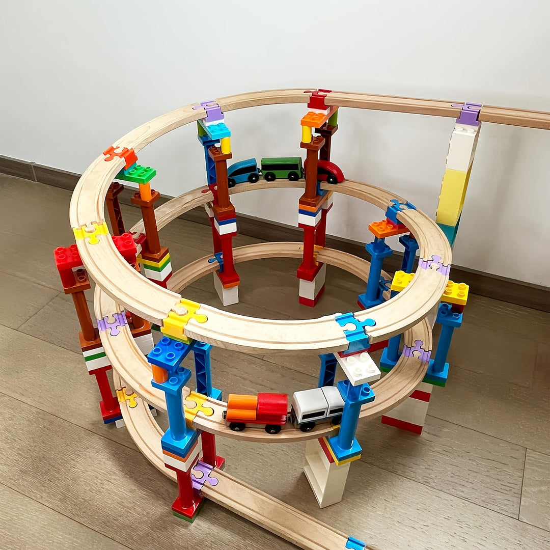 Kleurrijke houten spooradapters voor modelbouw, verstelbare connectoren voor treinbaan uitbreiding.