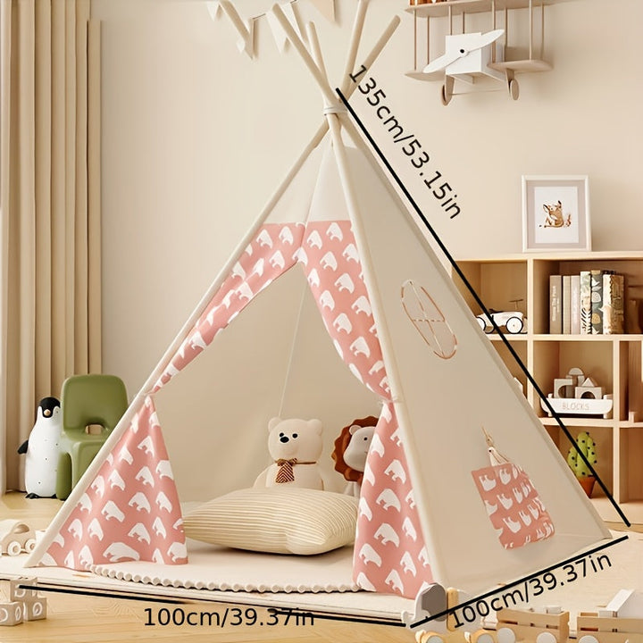 Blauwe kinder tipi tent met schattige berenprint. Ideaal als speelhuisje in de kinderkamer of tuin.