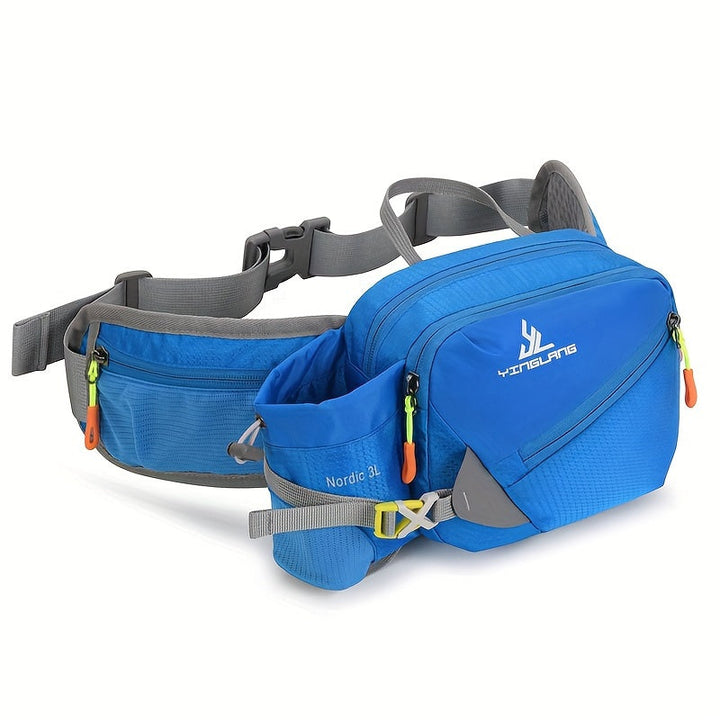 Detail van waterfleshouder op de unisex hardloop heuptas. Perfect voor hydratatie tijdens sport & outdoor.