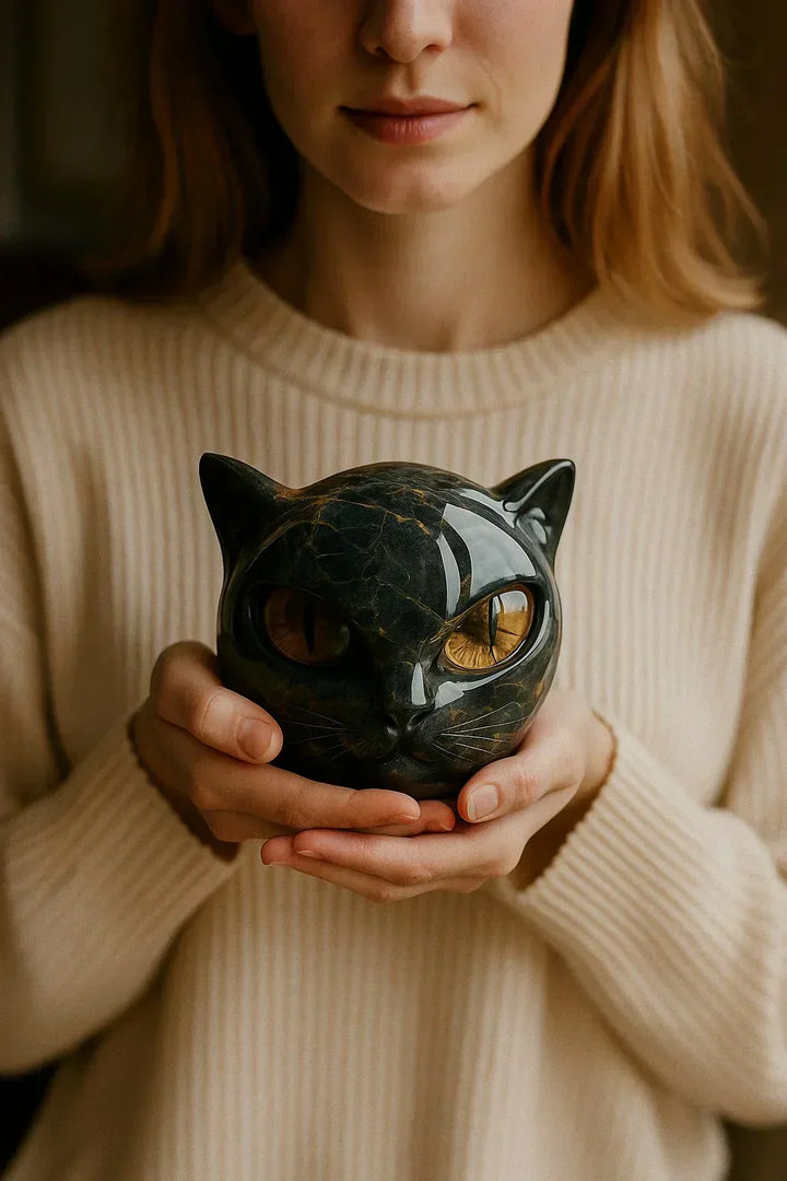 Modern NoirCat kattenbeeld, een strakke zwarte hoogglans desktop sculptuur voor stijlvolle inrichting.