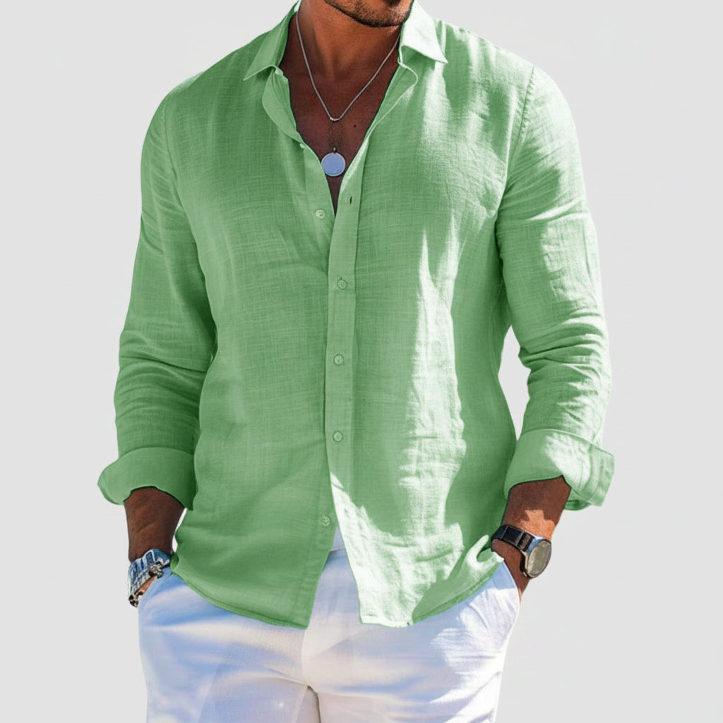 Slim fit casual heren overhemd lange mouwen, benadrukt figuur, stijlvol voor elke zomerdag en vakantie.