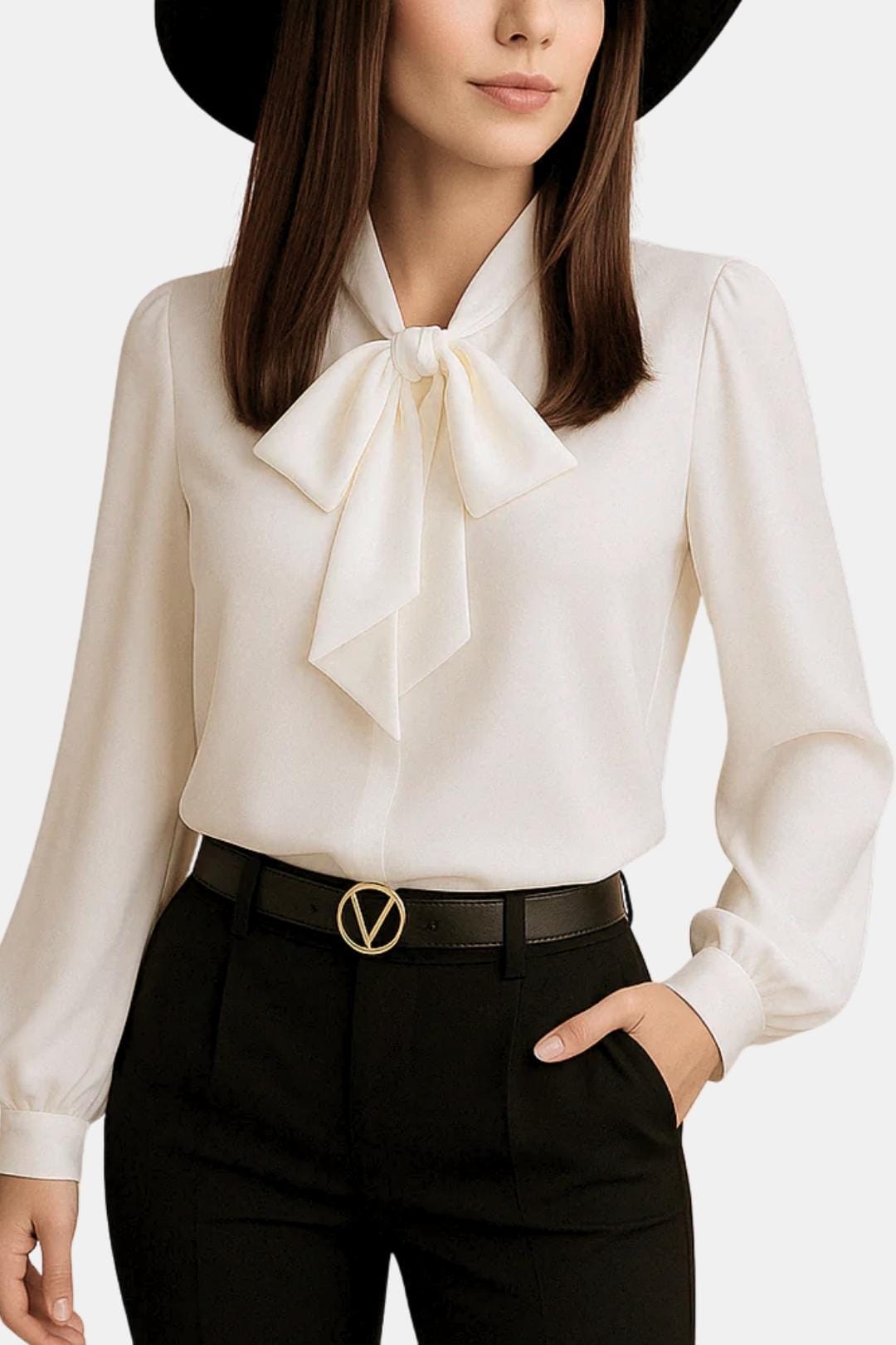 Chique dames top met strikkraag en lange mouwen, veelzijdig voor zowel casual als formele outfits.