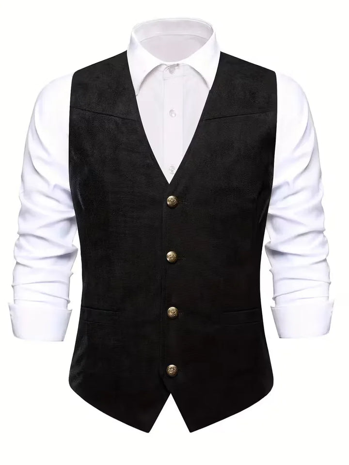 Klassiek heren gilet met V-hals en knopen, geschikt voor smartcasual en formele outfits.