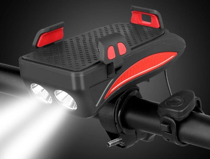 Multifunctionele 4-in-1 fiets telefoonhouder met powerbank, heldere verlichting en luide claxon voor veilig fietsen.
