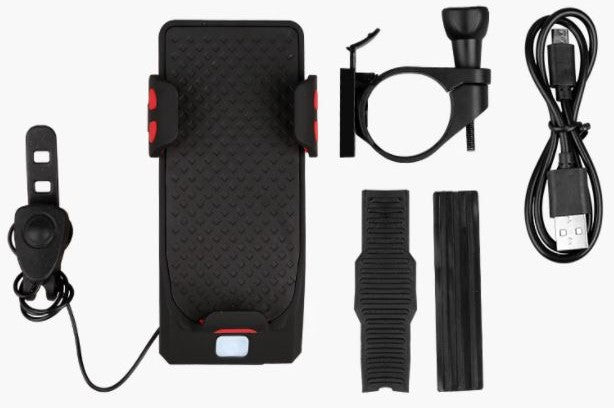 All-in-one fietsaccessoire: telefoonhouder, oplaadbare powerbank, verlichting en claxon. Ideaal voor outdoor fietsen.