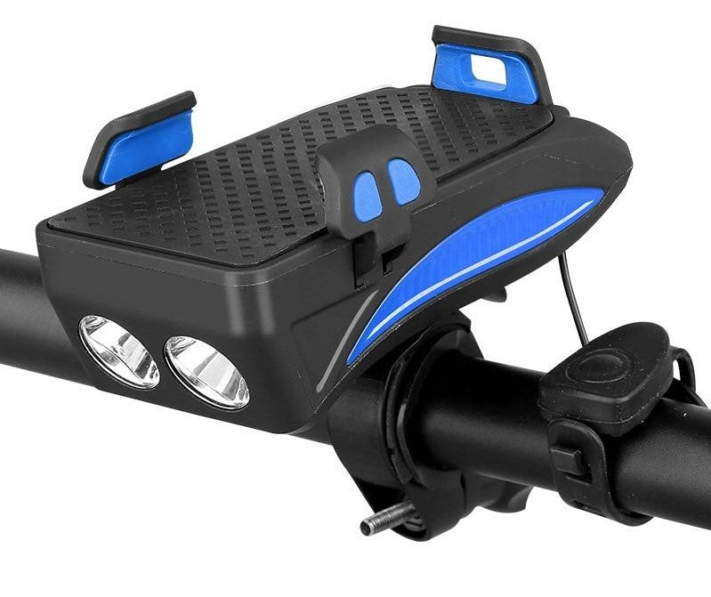 Multifunctionele fietshouder met telefoonhouder, krachtige fietsverlichting en geïntegreerde powerbank voor veilig fietsen.