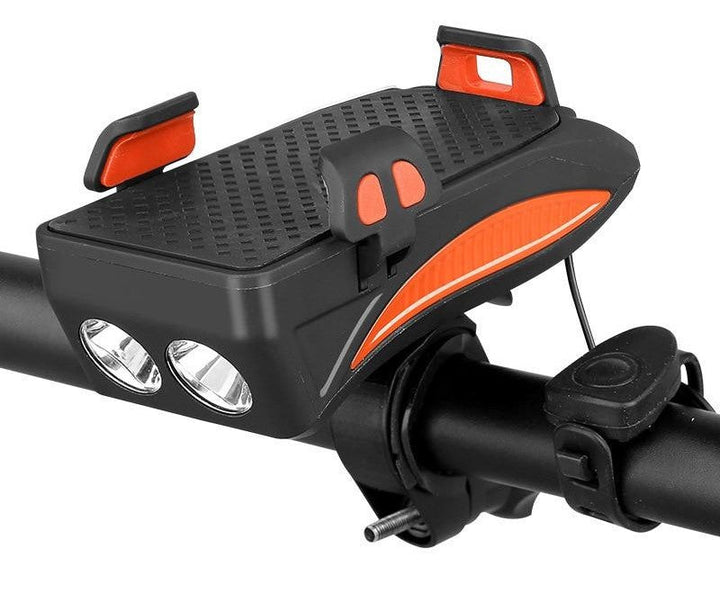 Slimme fietsgadget: telefoonhouder, powerbank, felle fietsverlichting en claxon, voor een veilige en verbonden fietservaring.