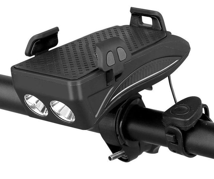 Compacte fiets telefoonhouder met powerbank, LED fietsverlichting en claxon. Onmisbaar fietsaccessoire voor onderweg.