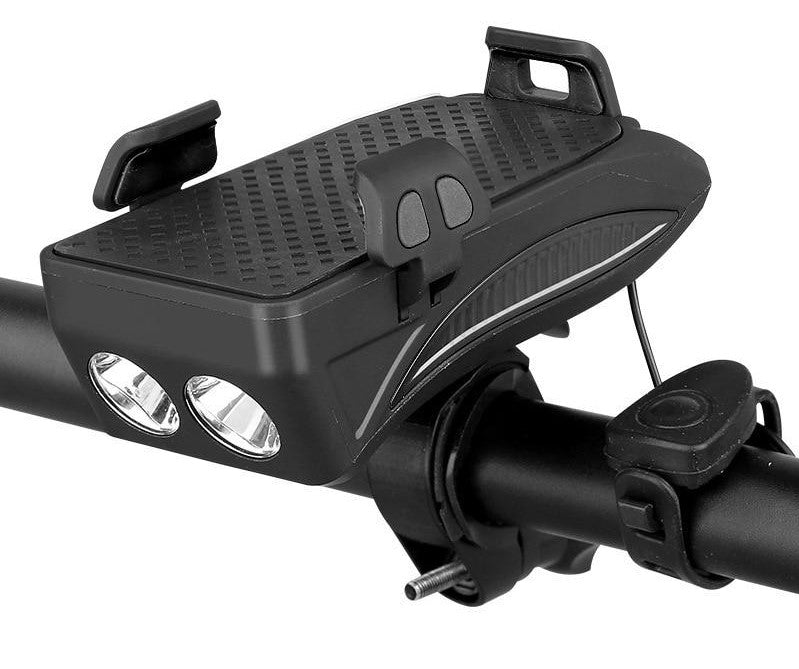 Essentiële fietsaccessoire: multifunctionele telefoonhouder met powerbank en verlichting voor veilige ritten en navigatie.