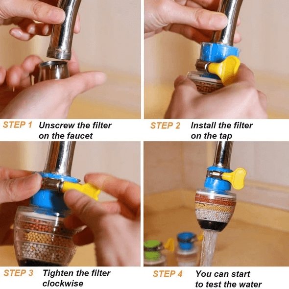 Afbeelding van de kraanadapter met filtersysteem, voor gezuiverd drinkwater en waterbesparing.