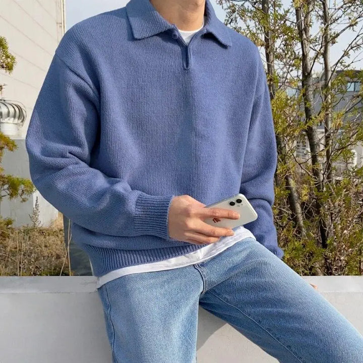 Comfortabele gebreide heren trui met halve rits en omgeslagen kraag, ideaal voor casual of smart casual look.