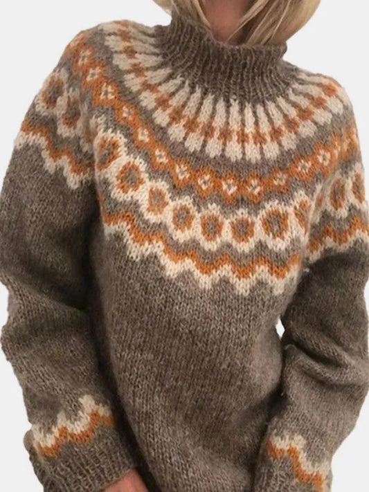 "Fiona Turtleneck Trui voor dames, gebreide coltrui met stijlvolle jacquardprint, perfect voor koude dagen"