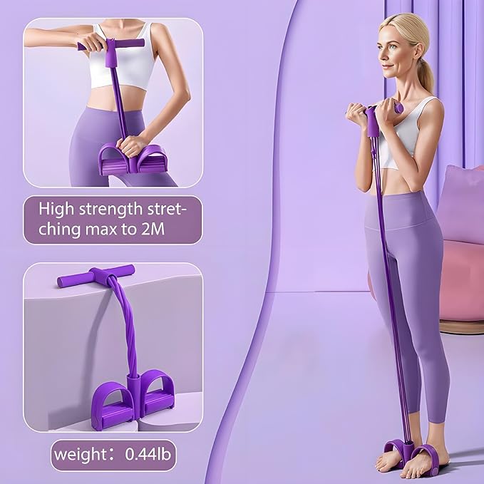 Vrouw gebruikt weerstandsband voor rekken en yoga, verbetert mobiliteit en flexibiliteit thuis of in de gym.