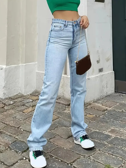 "Flared jeans vooraanzicht, hoge taille, elegante flare, lichte wassing, zachte stretchstof, stijlvolle vrouwenbroek"