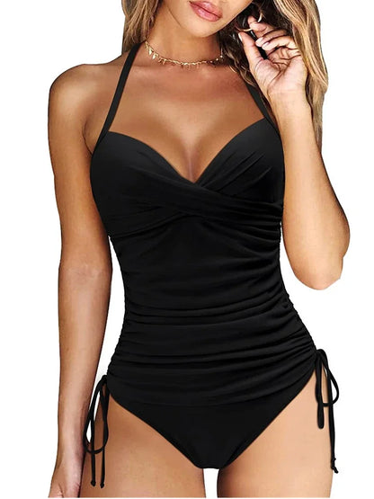 "Flatterende V-Hals Tankini Set dames, effen kleur, elegant design, comfortabele pasvorm voor strand en zwembad."