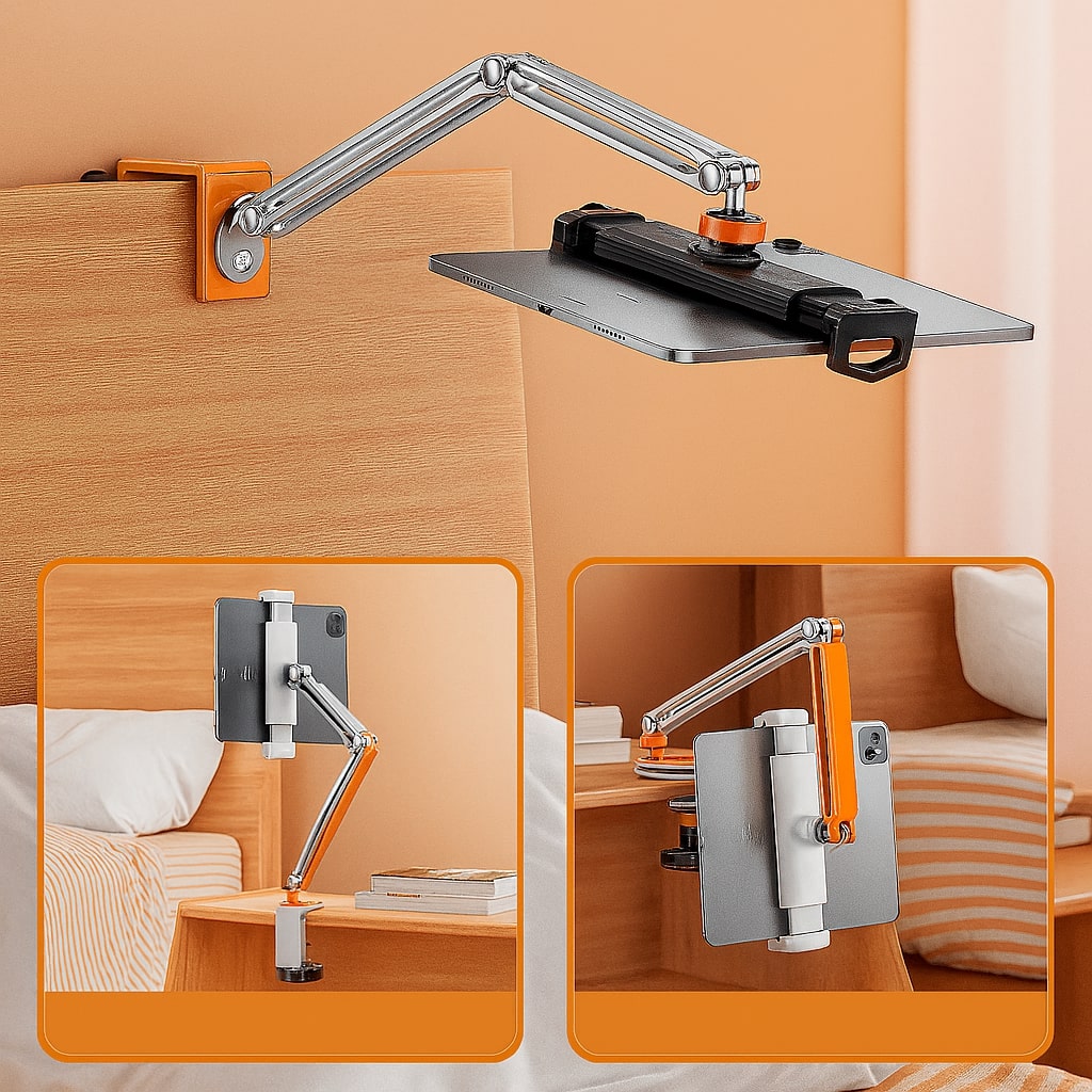 Verstelbare aluminium tablet houder voor telefoon & iPad, ideaal voor bureau. Ergonomisch design, zilver.
