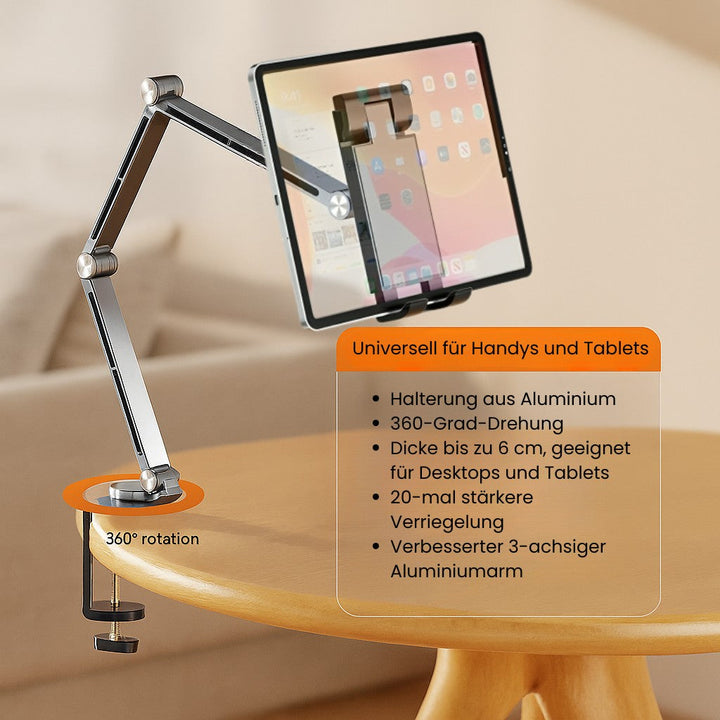 Stevige, verstelbare aluminium tablet houder in zilver. Universele standaard voor iPad, telefoon. Ergonomisch ontwerp.