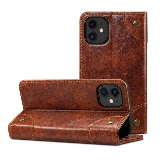Premium koffie leren portemonnee hoesje voor iPhone 12 met flip cover, ingebouwde standaard en veilige magneetsluiting.