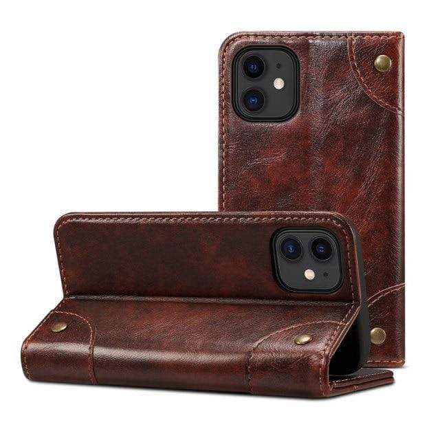 Duurzaam bruin leren iPhone 12 hoesje, multifunctionele flip cover met portemonnee en pasjeshouder.
