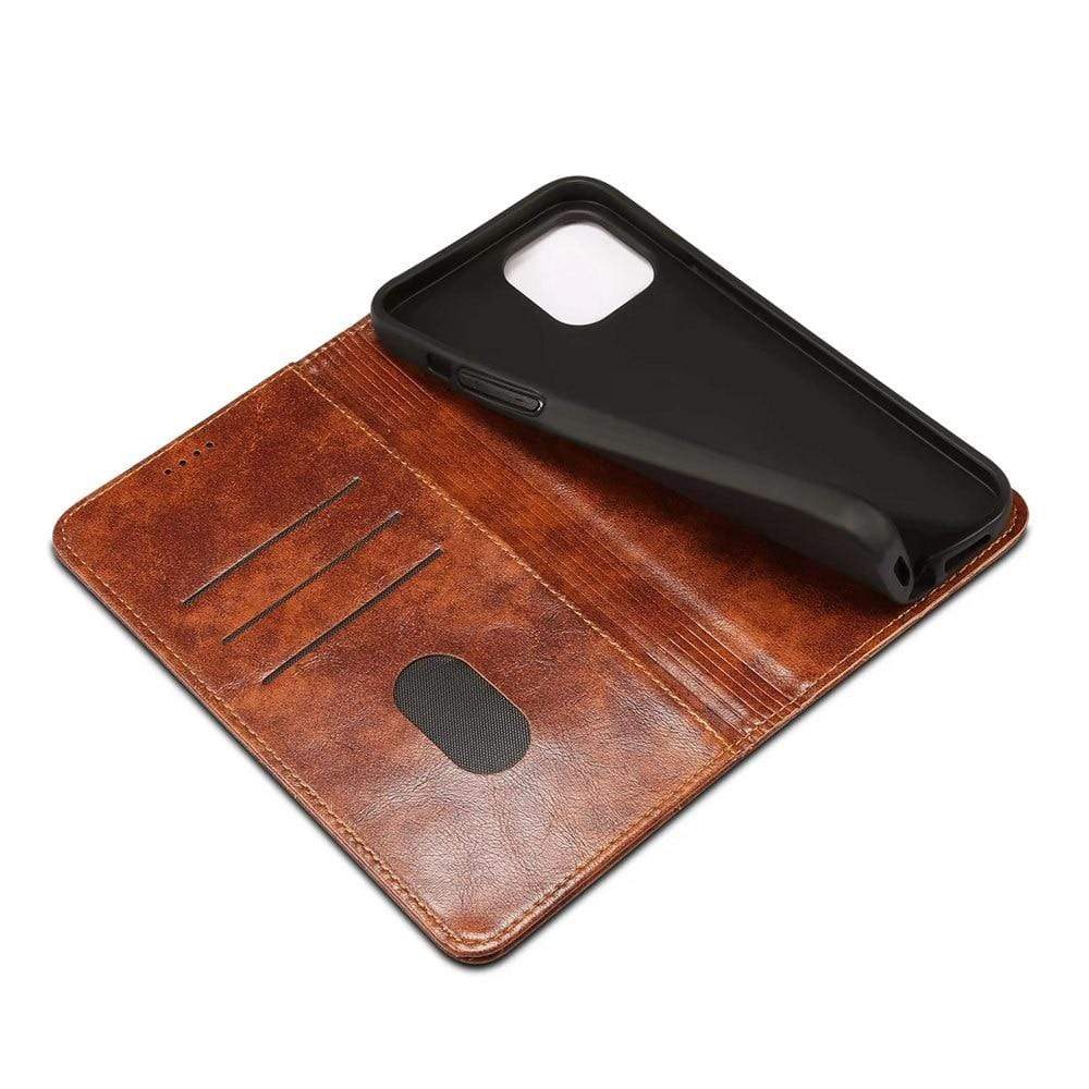 Bruin leren flip cover portemonnee hoesje voor iPhone 12, inclusief pasjeshouder en standaardfunctie.