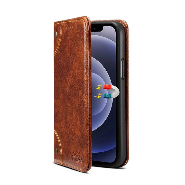 Koffie leren iPhone 12 Mini portemonnee hoesje, flip cover met pasjeshouder en handige standaardfunctie.