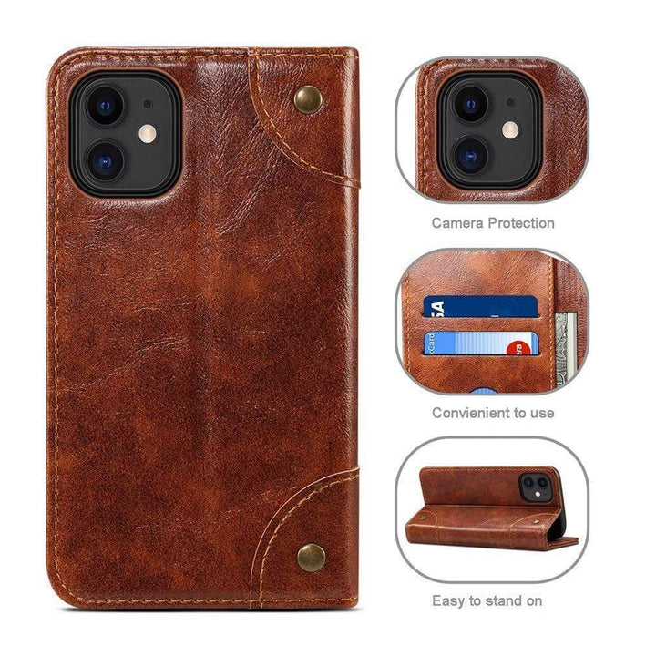 Stijlvol leren portemonnee hoesje voor iPhone 12, met flip cover, card slots en sterke telefoonbescherming.