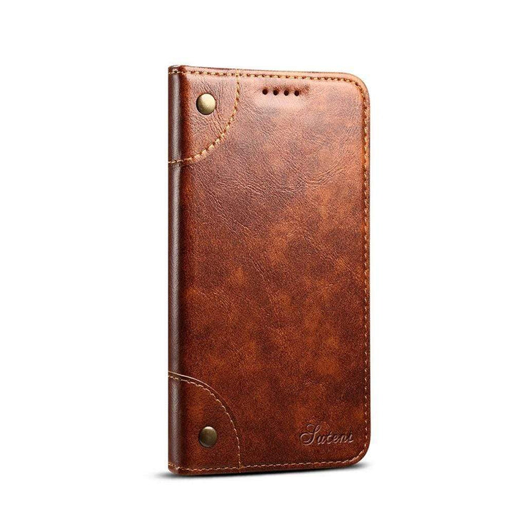 Echt lederen flip cover voor iPhone 12 serie, geïntegreerde pasjeshouder, standaard en magnetische sluiting.