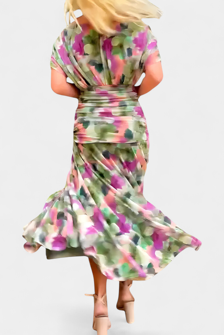Modieuze elegante V-hals overwrap midi-jurk voor dames. Comfortabel en met een moderne twist.