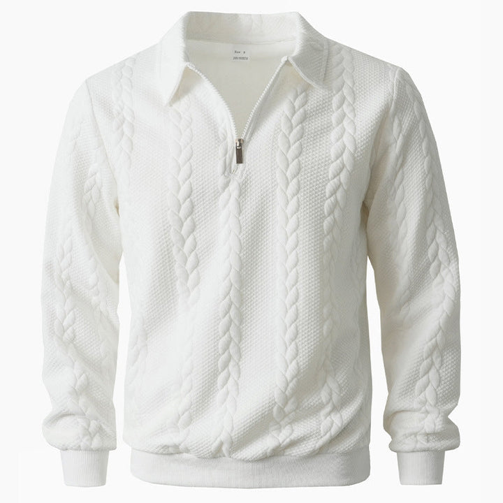 Deze modieuze heren polo met verfijnd kabelpatroon en halve rits biedt comfort en stijl voor elke man.