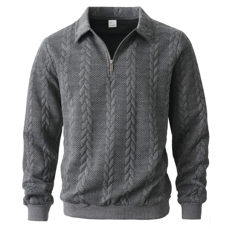 Heren polo shirt met lange mouwen en praktische halve rits; voorzien van een elegant kabelpatroon voor een chique look.