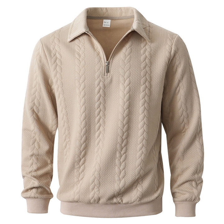 Lange mouwen heren polo met halve rits en verfijnd kabelpatroon; een comfortabel en stijlvol shirt voor elke dag.
