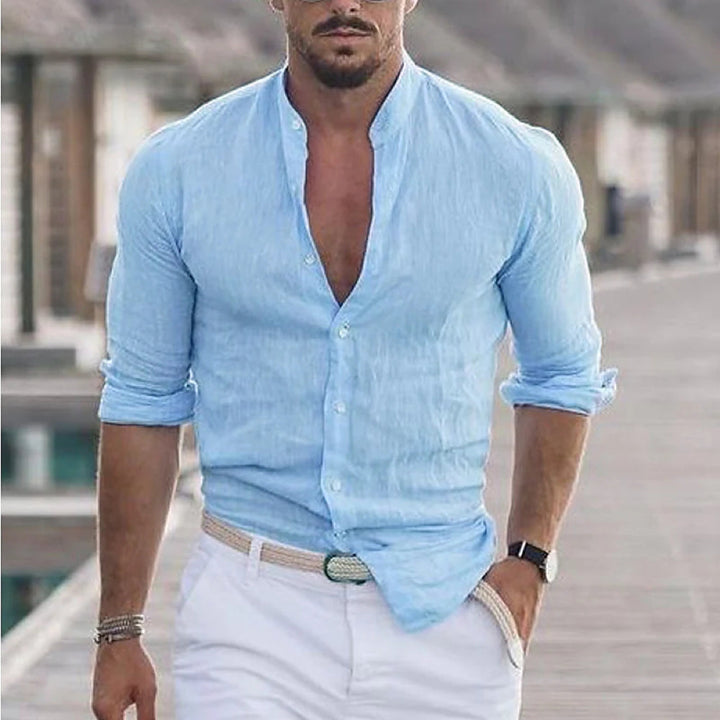 Lichtgewicht linnen herenoverhemd met mockhals, comfortabel en stijlvol voor heren. Ideaal zomer shirt.