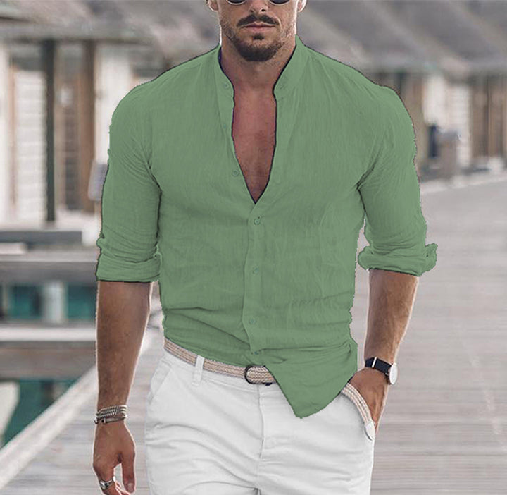 Zomers linnen herenoverhemd met mockhals, comfortabel en stijlvol voor herenmode. Perfect casual shirt.