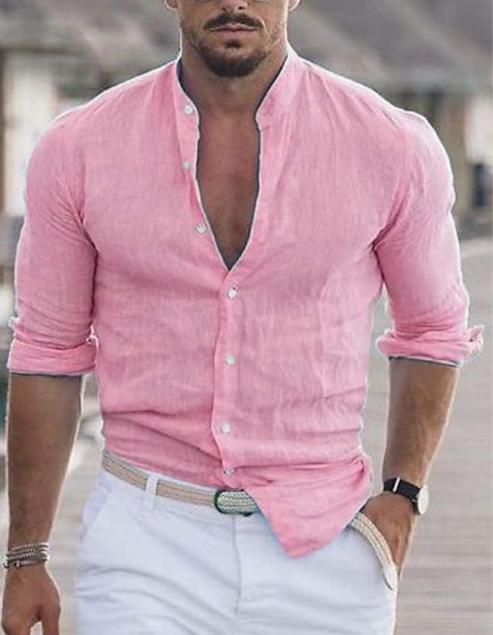Comfortabel linnen herenoverhemd met mockhals, perfect voor lente en zomer. Stijlvolle casual herenmode.