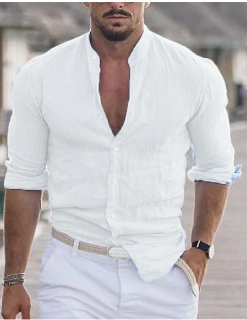 Linnen herenoverhemd met stijlvolle mockhals, comfortabel en casual. Ideaal voor herenmode lente/zomer.