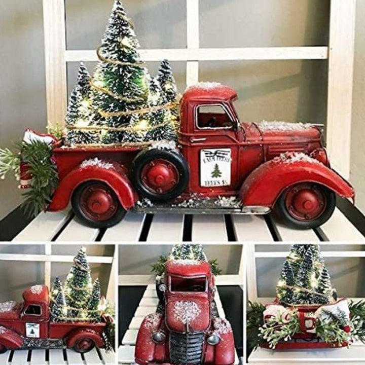 Uniek kerst middenstuk: rode vrachtwagen met kerstboom voor een warme en gezellige kerstsfeer.