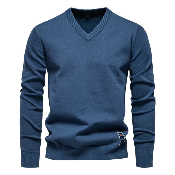 Veelzijdige heren V-hals trui, elegant en comfortabel, geschikt voor diverse mannenmode outfits.