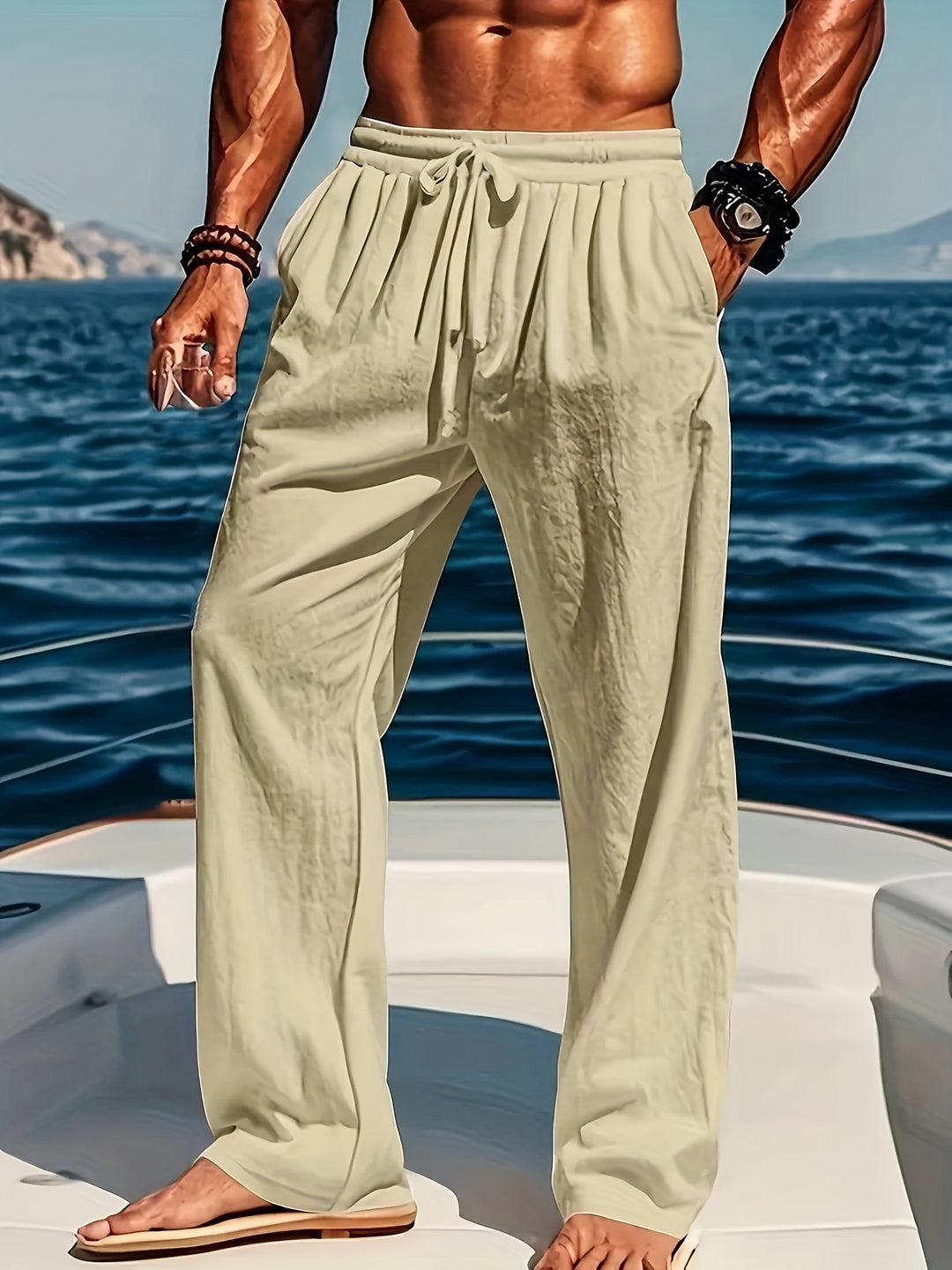 Comfortabele heren katoen-linnen broek met losse pasvorm en trekkoord. Perfect als ademende yogabroek of strandbroek.