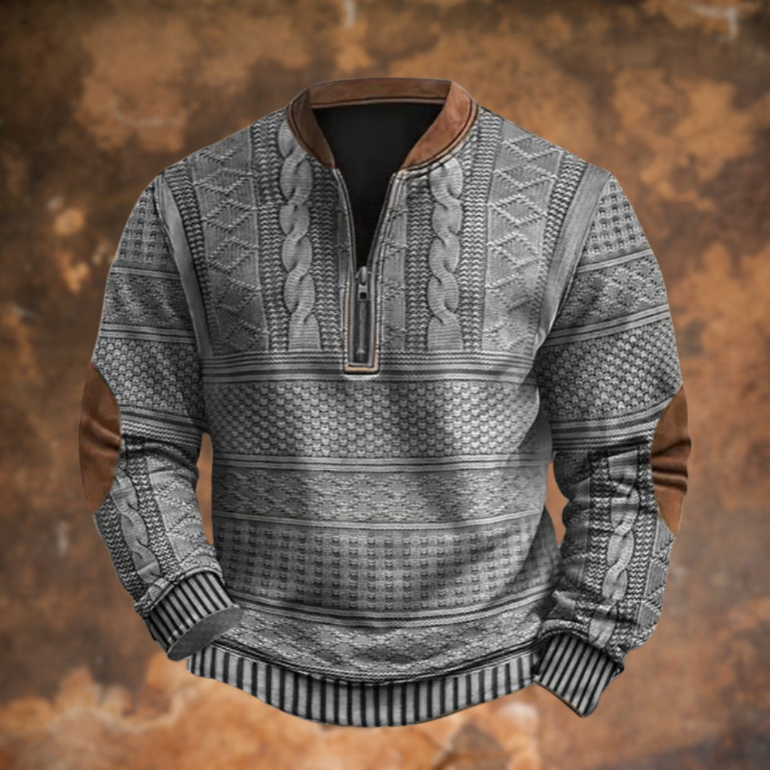 Man draagt trendy herentrui met ritssluiting; casual en comfortabel voor een moderne look.