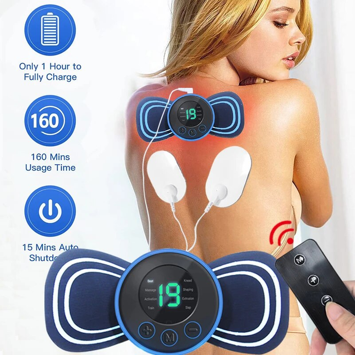 Draagbare elektrische mini nek massager met afstandsbediening voor spierverlichting en ontspanning.